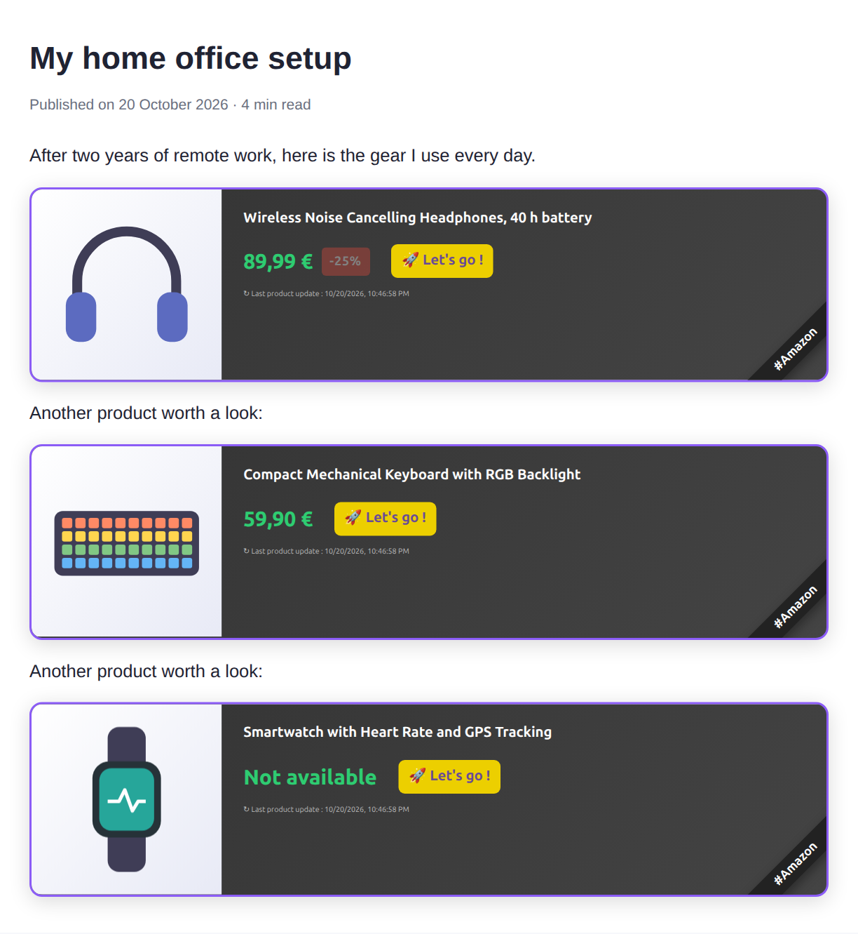 A blog article with three AMW product cards