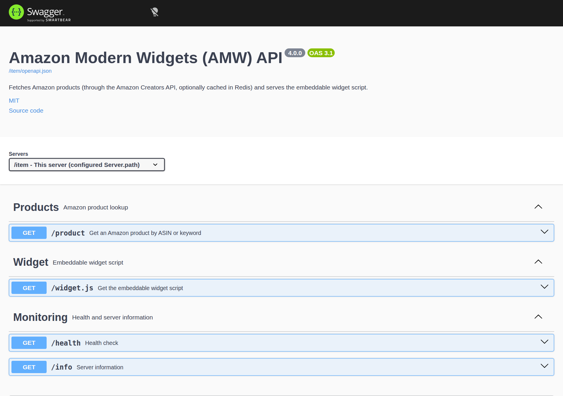 Swagger UI served by AMW